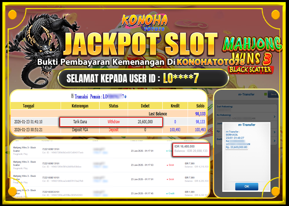 KONOHATOTO78 JACKPOT MAHJONG WINS 3 BLACK SCATTERRp.Rp.20.600.000,- LUNAS